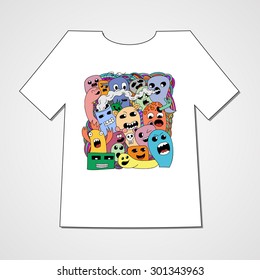 T-shirt with abstract set of monsters. Colorful print.