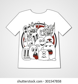 T-shirt with abstract set of monsters. Colorful print.