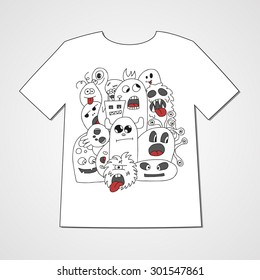 T-shirt with abstract set of monsters. Colorful print.