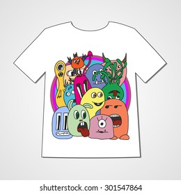 T-shirt with abstract set of monsters. Colorful print.