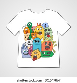 T-shirt with abstract set of monsters. Colorful print.