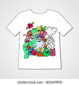 T-shirt with abstract set of monsters. Colorful print.