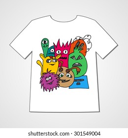 T-shirt with abstract set of monsters. Colorful print.