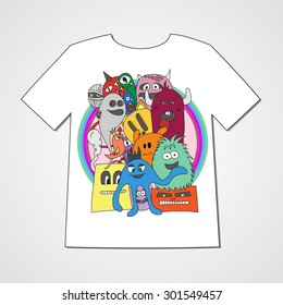 T-shirt with abstract set of monsters. Colorful print.