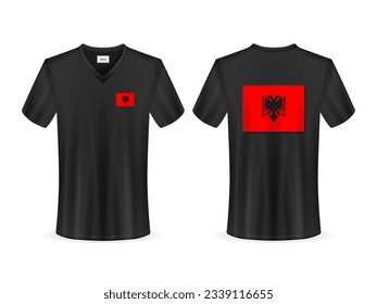 T-shirt with Albania flag on a white background. Vector illustration.