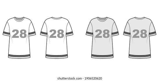 T-shirt American football technical fashion illustration with raglan short sleeves, tunic length, crew neck, oversized. Flat apparel top template front, back, white, grey color. Women men CAD mockup