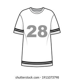 T-shirt American football technical fashion illustration with raglan short sleeves, tunic length, crew neck, oversized. Flat apparel top outwear template front white color. Women men unisex CAD mockup
