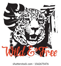 T-shirt and apparel design with a leopard head, Wild and Free calligraphic inscription and tropical leaves. Graphic tee concept