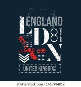 t-shirt and apparel england london trendy design with palm trees silhouettes, typography, print, vector illustration. Global swatches.