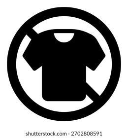 T-shirt ban solid icon, wash and clean cloth concept. Vector graphics. Forbidden, prohibited item sign on white background, glyph style icon for mobile or web design