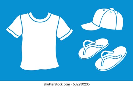 T-shirt, baseball cap, flip-flops thongs slippers, vector icons set.