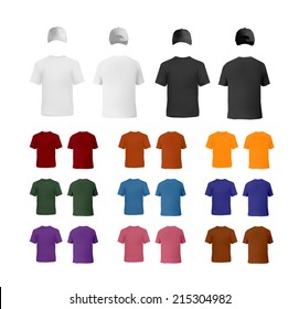 T-shirt and baseball cap template set isolated on white. Front and rear views. Vector eps10 illustration.