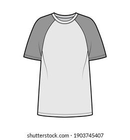 T-shirt baseball technical fashion illustration with raglan short sleeves, tunic length, crew neck, oversized. Flat apparel top outwear template front, grey color. Women men unisex CAD mockup