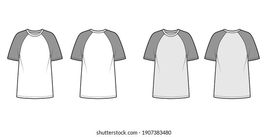 T-shirt baseball technical fashion illustration with raglan sleeves, tunic length, crew neck, oversized. Flat apparel top outwear template front, back, white, grey color. Women men unisex CAD mockup