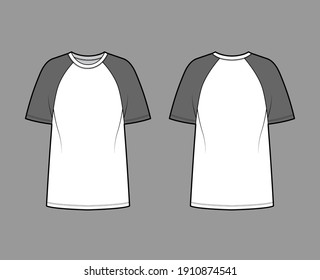 T-shirt baseball technical fashion illustration with raglan short sleeves, tunic length, crew neck, oversized. Flat apparel top outwear template front, back, white color. Women men unisex CAD mockup