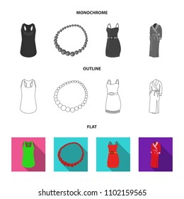 T-shirt, beads, summer women sarafan on straps with a belt, a home gown. Women clothing set collection icons in flat,outline,monochrome style vector symbol stock illustration web.