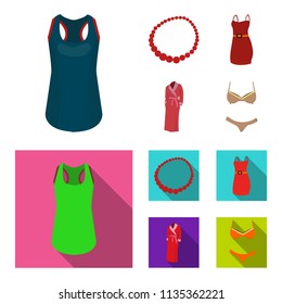 T-shirt, beads, summer women sarafan on straps with a belt, a home gown. Women clothing set collection icons in cartoon,flat style vector symbol stock illustration web.