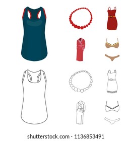 T-shirt, beads, summer women sarafan on straps with a belt, a home gown. Women clothing set collection icons in cartoon,outline style vector symbol stock illustration web.