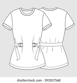 Tshirt with Belt Detail. Fashion Illustration, CAD, Technical Drawing, Specification Drawing, Pen Tool, Editable.