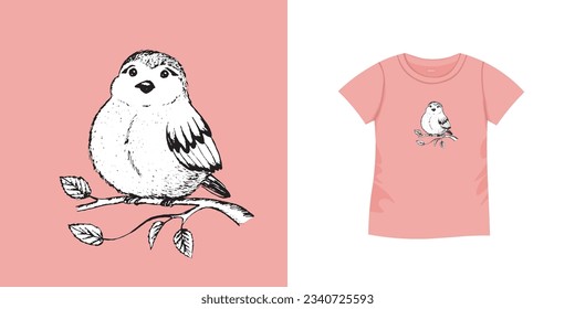 T-shirt with bird pattern. Women jersey, sport uniform kit, short fashion top, round neck blouse.  Sketch Illustration. Template mock up.