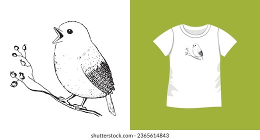 T-Shirt mit Vogelmuster. FrauenTrikot, Sportuniformen-Kit, kurze Modeoberseite, runde Nackenbluse.  Sketch Illustration. Vorlagenmuster aufwärts.