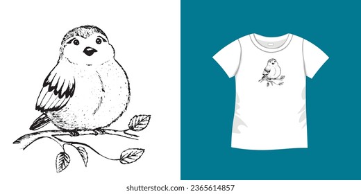 T-shirt with bird pattern. Women jersey, sport uniform kit, short fashion top, round neck blouse.  Sketch Illustration. Template mock up.