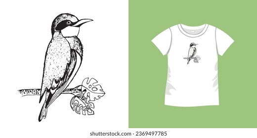 T-shirt with bird pattern. Women jersey, sport uniform kit, short fashion top, round neck blouse.  Sketch Illustration. Template mock up.