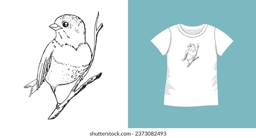 T-shirt with bird pattern. Women jersey, sport uniform kit, short fashion top, round neck blouse.  Sketch Illustration. Template mock up.