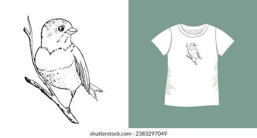 T-shirt with bird pattern. Women jersey, sport uniform kit, short fashion top, round neck blouse.  Sketch Illustration. Template mock up.
