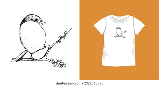 T-shirt with bird pattern. Women jersey, sport uniform kit, short fashion top, round neck blouse.  Sketch Illustration. Template mock up.