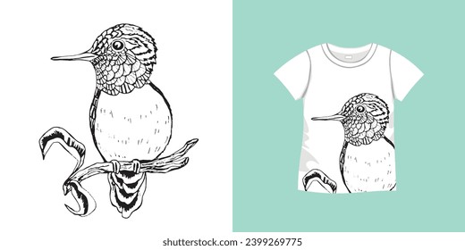 T-shirt with bird pattern. Women jersey, sport uniform kit, short fashion top, round neck blouse.  Sketch Illustration. Template mock up.