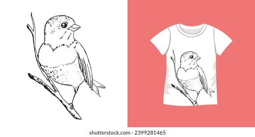 T-shirt with bird pattern. Women jersey, sport uniform kit, short fashion top, round neck blouse.  Sketch Illustration. Template mock up.
