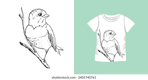 T-shirt with bird pattern. Women jersey, sport uniform kit, short fashion top, round neck blouse.  Sketch Illustration. Template mock up.