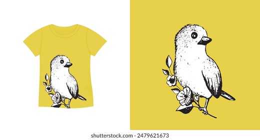 T-shirt with bird pattern. Women jersey, sport uniform kit, short fashion top, round neck blouse.  Sketch Illustration. Template mock up.