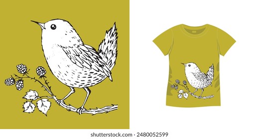 T-shirt with bird pattern. Women jersey, sport uniform kit, short fashion top, round neck blouse.  Sketch Illustration. Template mock up.