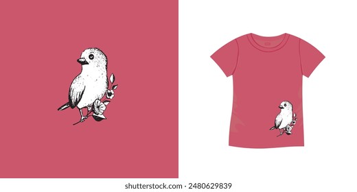 T-shirt with bird pattern. Women jersey, sport uniform kit, short fashion top, round neck blouse.  Sketch Illustration. Template mock up.