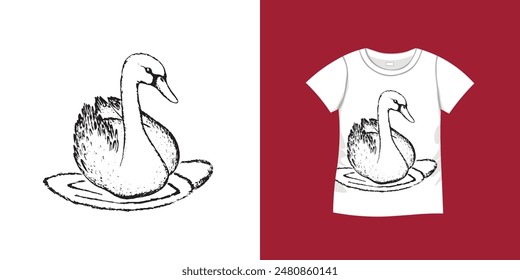 T-shirt with bird pattern. Women jersey, sport uniform kit, short fashion top, round neck blouse.  Sketch Illustration. Template mock up.