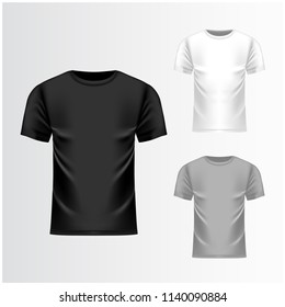 T-shirt black, grey, white template, front view. Vector realistic mock up for your design
