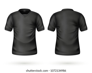 T-shirt black mockup. Realistic unisex male female blank clothing template. Men, women cotton apparel front, back view. Casual wear, ready for your design. Vector 3d isolated illustration