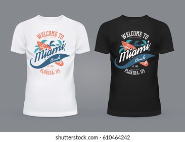 T-shirt in black and white colors with u-neck and print with miami sign made of palms and surfer board, pacific ocean branding. Travel and tourism, american fashion and USA sign, surfer theme