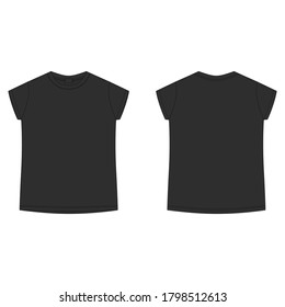 T-shirt blank template in black color. Children's technical sketch tee shirt isolated on white background. Casual kids style. Front and back. Vector illustration