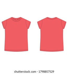 T-shirt blank template in bright red color. Children's technical sketch tee shirt isolated. Casual kids style. Front and back. Vector illustration