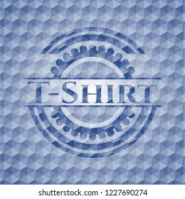 T-Shirt blue emblem with geometric pattern background.