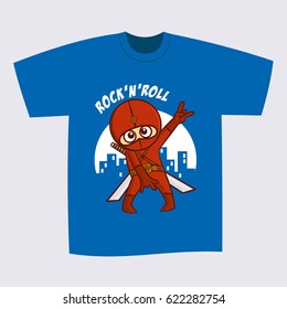 T-shirt Blue Print Design Superhero Ninja Rock and Roll Vector Illustration