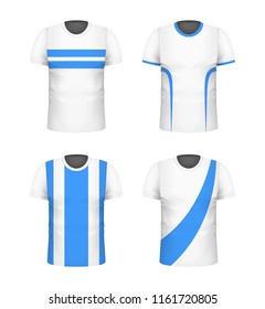 T-shirt with blue print template set. White color. Sport football clothing. Casual men wear. Cotton unisex outfit. Fashionable apparel. Realistic vector illustration.