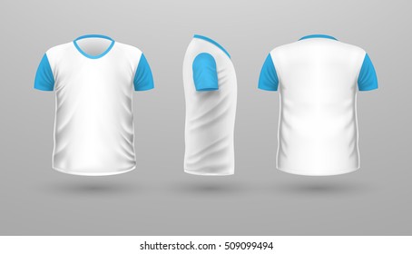 T-shirt with blue sleeve template set, front, side, back view. White color. Realistic vector in flat style. Sport clothing. Casual men wear. Cotton unisex polo outfit. Fashionable apparel.