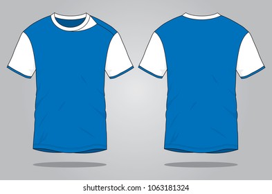 T-Shirt Blue-White With Neck Trim Design Vector.Front And Back Views.