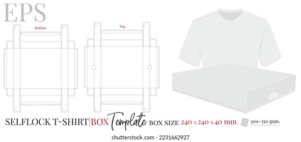 T-shirt box, die cut template, vector. Self lock box white, clear, black mock up isolated on white background. Packing design 