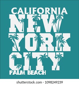 T-shirt California, sportswear, emblem of the printing house for surfing, T-shirt with a T-shirt, design of sportswear, summer clothes with palm trees.