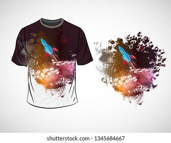T-shirt with cartoon space rocket, vector